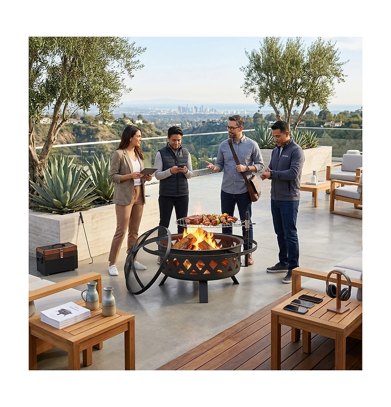 Aoxun 30in Outdoor Fire Pit With Grill, Steel Fire Bowl for Bbq Camping Picnic, Garden Patio Heater Charcoal Log Wood Burner