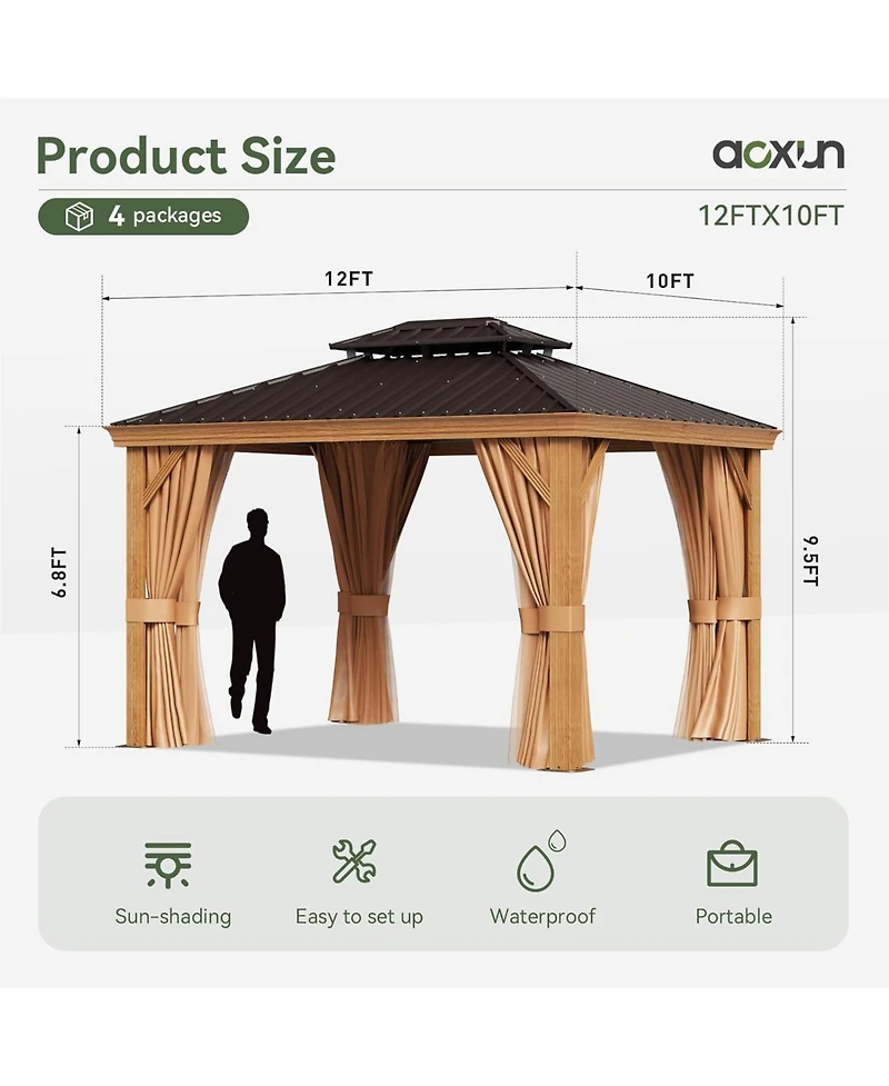 Aoxun 10'x12' Hardtop Aluminum Gazebo, Double Galvanized Steel Roof Pavilion with Drainage System and Netting