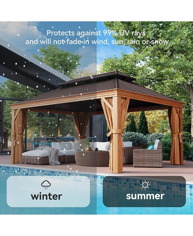 Aoxun 12'x16' Hardtop Gazebo, Wooden Finish Aluminum Pavilion with Double Steel Roof, Curtains and Netting