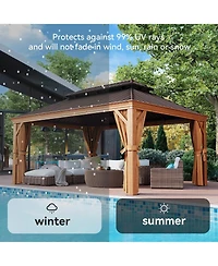 Aoxun 12'x16' Hardtop Gazebo, Wooden Finish Aluminum Pavilion with Double Steel Roof, Curtains and Netting