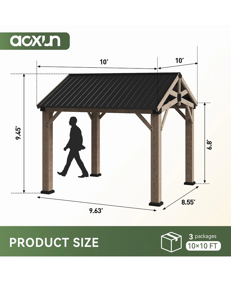 Cedar Wood Hardtop Gazebo, Wooden Pavilion with Galvanized Steel Gable Roof for Deck Garden Patio