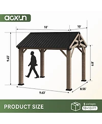 Cedar Wood Hardtop Gazebo, Wooden Pavilion with Galvanized Steel Gable Roof for Deck Garden Patio