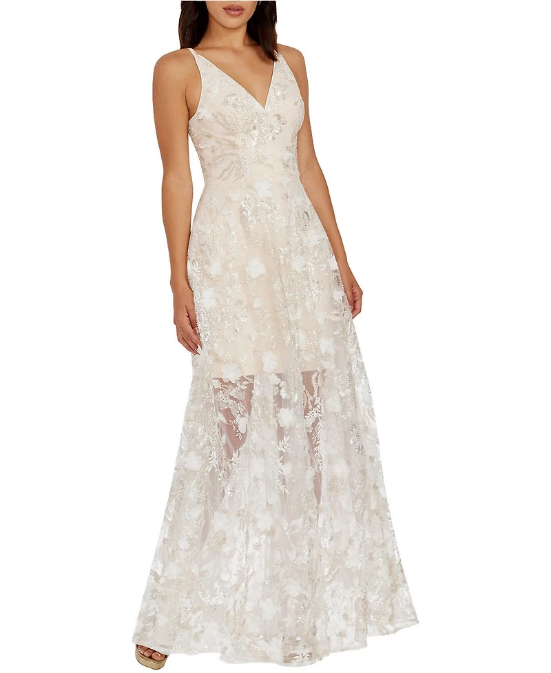 Dress The Population Women's Sidney V-Neck 3D Floral Sequin Sheer Overlay Gown