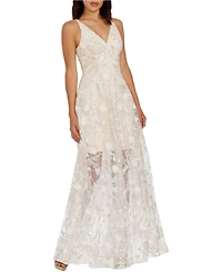 Dress The Population Women's Sidney V-Neck 3D Floral Sequin Sheer Overlay Gown