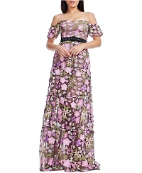 Dress The Population Women's Lara Off-the-Shoulder Sweetheart 3D Floral Embroidered Tiered Gown
