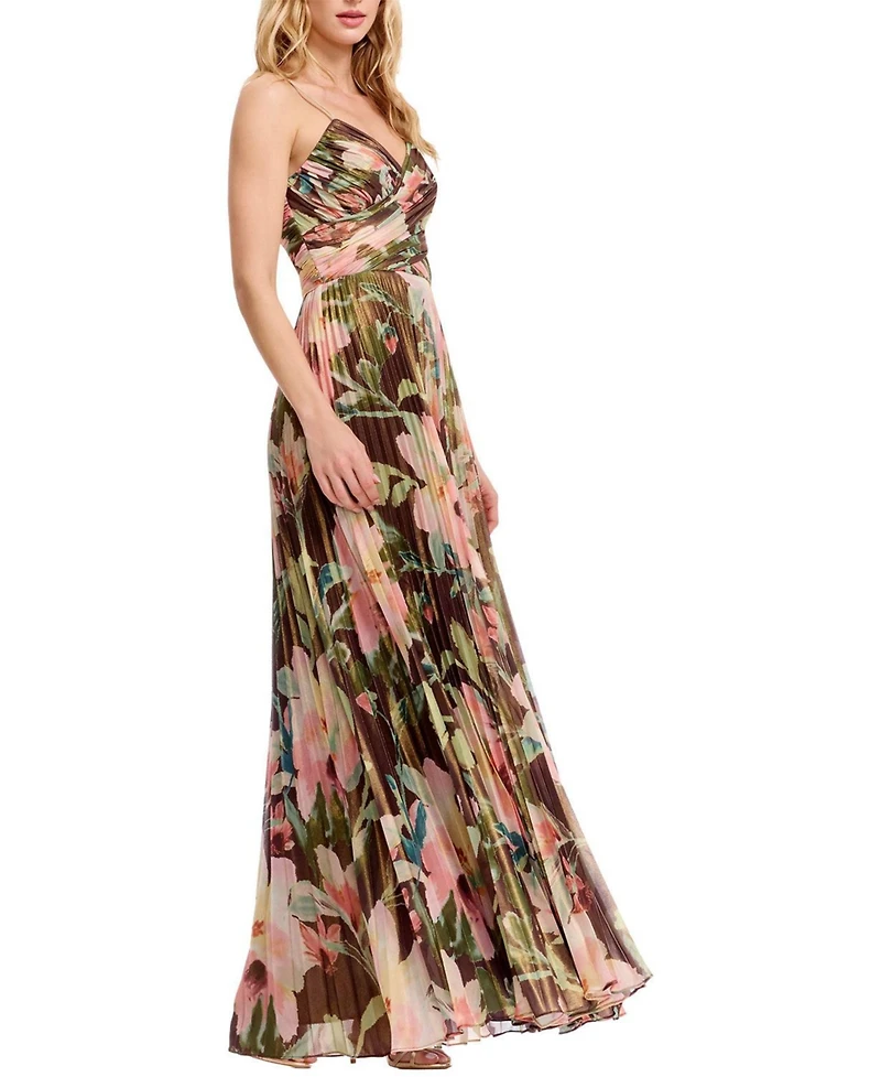 Dress The Population Women's Floral Pleated V-Neck Gown