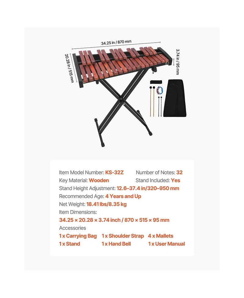 Yobtop 32-Note Wooden-Key Adjustable-Stand Glockenspiel, Ages 3+
