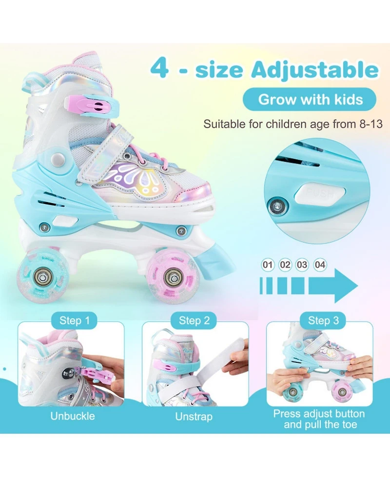 Sugift Kids Roller Skates with 4-Size Adjustment Light-Up Wheels and Triple Closure Ages 8-13