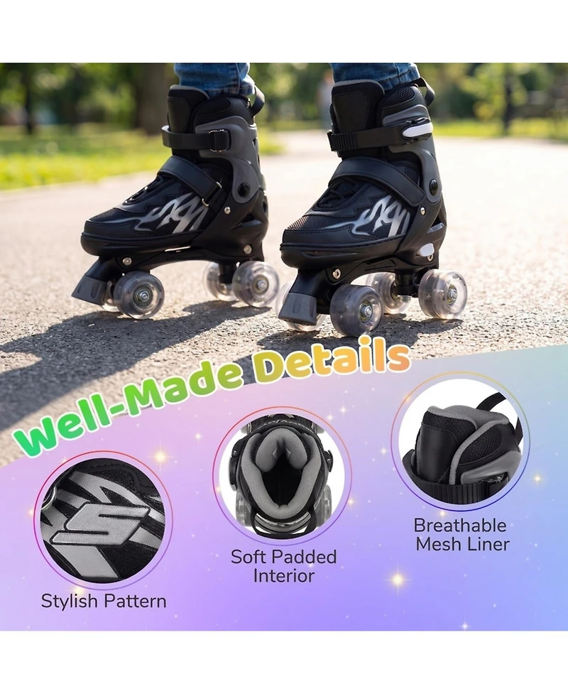 Sugift Kids Quad Roller Skates One-Button Adjustable Across 4 Sizes with Glow Wheels Ages 7-9