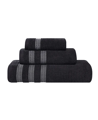 Superior Brea Zero Twist Cotton Ribbed Geometric Border Plush Soft Absorbent -Piece Towel Set