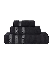 Superior Brea Zero Twist Cotton Ribbed Geometric Border Plush Soft Absorbent -Piece Towel Set