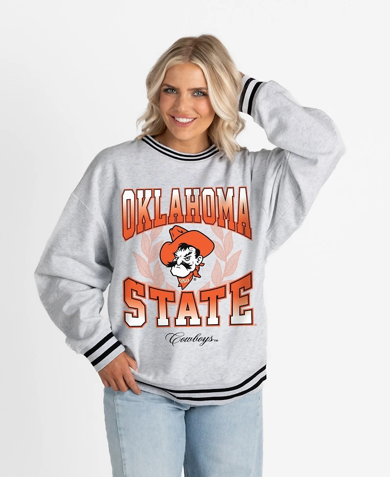 Gameday Couture Women's Ash Oklahoma State Cowboys Oversized Fade Route Ringer Stripe Sweatshirt
