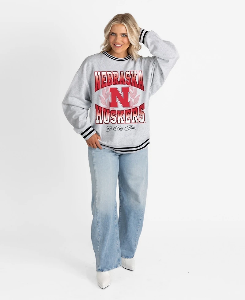 Gameday Couture Women's Ash Nebraska Huskers Oversized Fade Route Ringer Stripe Sweatshirt