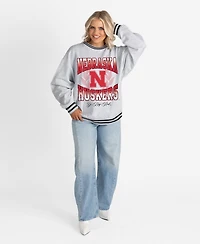 Gameday Couture Women's Ash Nebraska Huskers Oversized Fade Route Ringer Stripe Sweatshirt