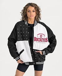 Gameday Couture Women's Black Ohio State Buckeyes Oversized Inner Drive Varsity Rhinestone Full-Snap Bomber Jacket