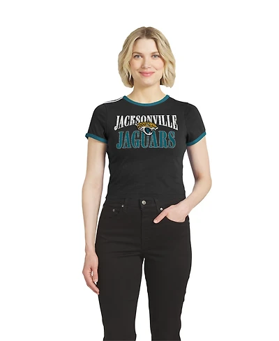 Wear by Erin Andrews Women's Black Jacksonville Jaguars Cropped Throwback Ringer Baby T-Shirt