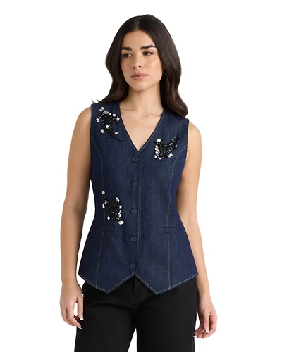 Nvlt Women's Beaded V-Neck Sleeveless Denim Vest