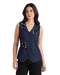 Nvlt Women's Beaded V-Neck Sleeveless Denim Vest