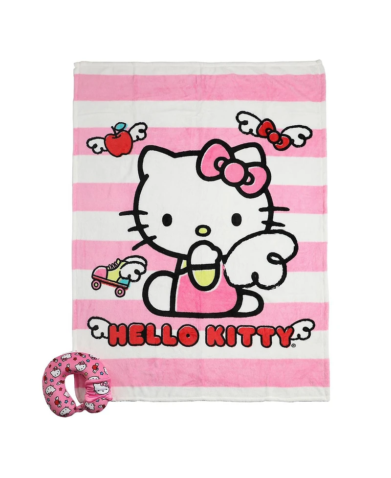 Hello Kitty Adult Travel Set with Neck Pillow Eye Mask and Throw Blanket - Adorable Comfort for Hello Kitty Fans on the Go!