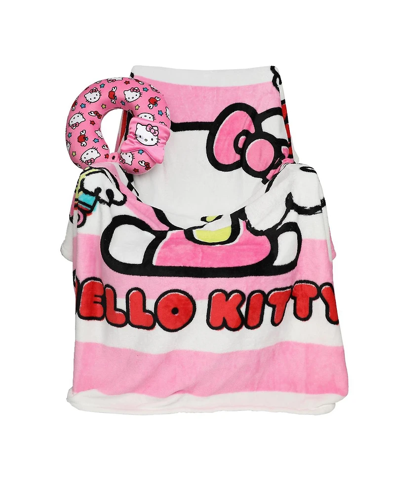 Hello Kitty Adult Travel Set with Neck Pillow Eye Mask and Throw Blanket - Adorable Comfort for Hello Kitty Fans on the Go!