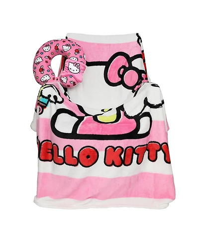 Hello Kitty Adult Travel Set with Neck Pillow Eye Mask and Throw Blanket - Adorable Comfort for Hello Kitty Fans on the Go!