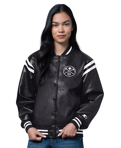 Starter Women's Black Denver Nuggets High Heat Leather Varsity Full-Snap Jacket