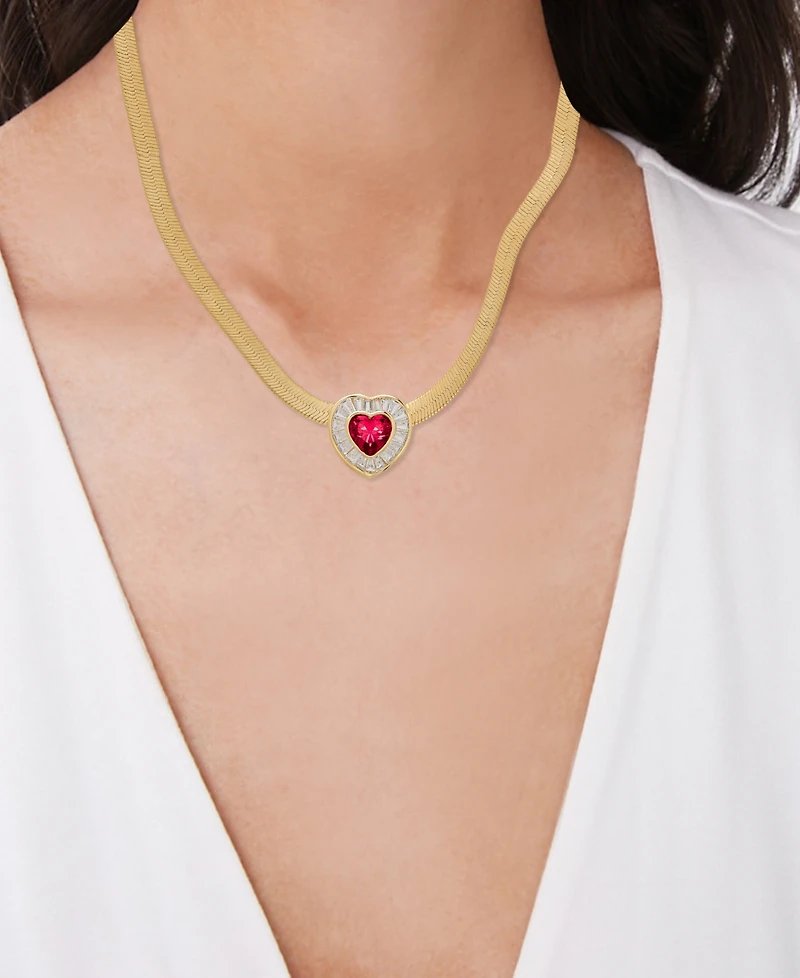 Macy's Simulated Ruby and Cubic Zirconia Baguette Heart on Herringbone 18'' Necklace