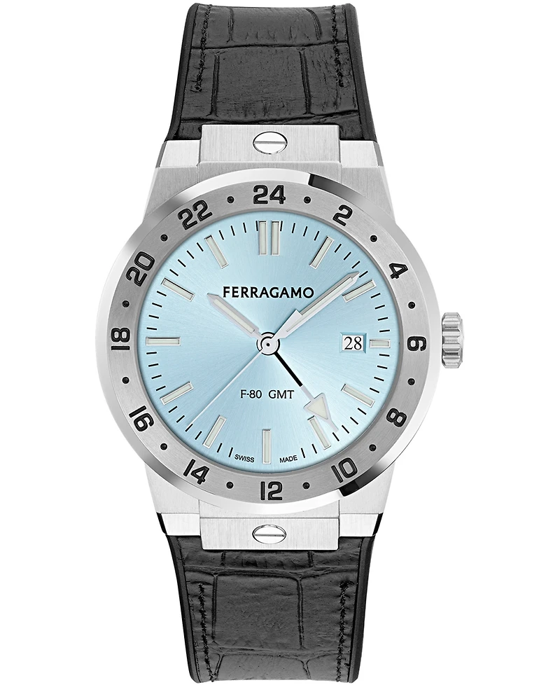 Ferragamo Men's Silver Stainless Steel Leather Strap Gmt Watch 41mm