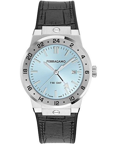 Ferragamo Men's Silver Stainless Steel Leather Strap Gmt Watch 41mm