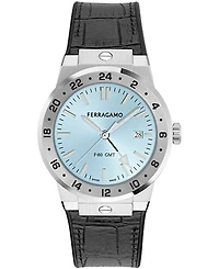 Ferragamo Men's Silver Stainless Steel Leather Strap Gmt Watch 41mm