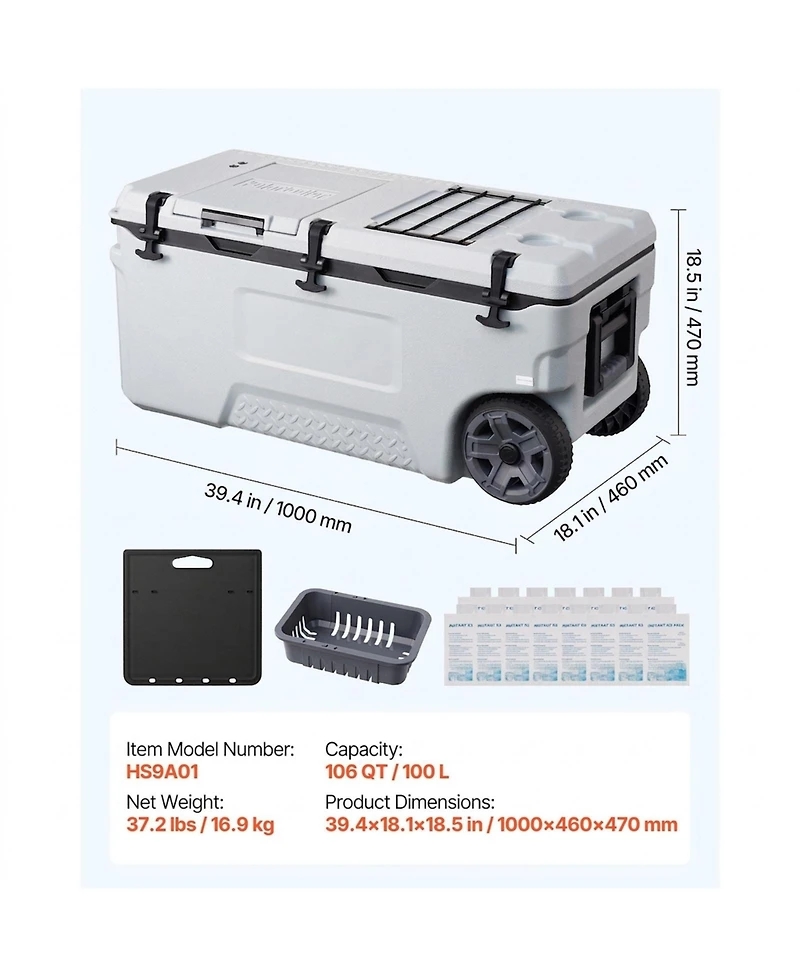 Sugift 106 Qt Rolling Hard Cooler with Wheels 48 Hour Ice Retention and Leak-Resistant Seal