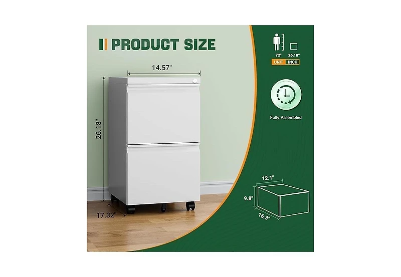 gaomon 2-Drawer Mobile Under Desk File Organizer on Wheels, Metal Filing Cabinet with Lock for A4/Letter/Legal, Smooth Glide Drawers