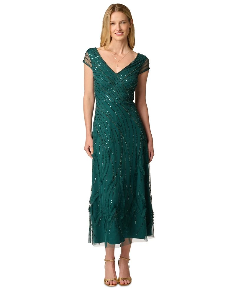 Adrianna Papell Women's Beaded Cap-Sleeve V-Neck Midi Dress