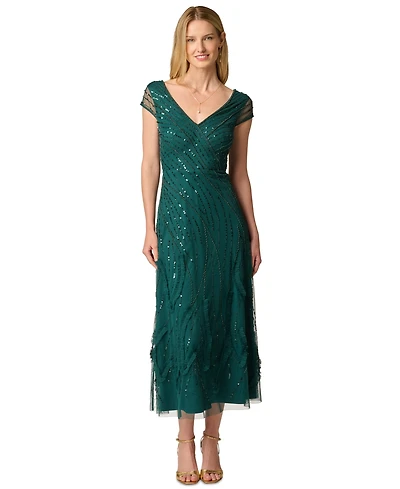Adrianna Papell Women's Beaded Cap-Sleeve V-Neck Midi Dress