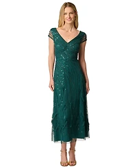 Adrianna Papell Women's Beaded Cap-Sleeve V-Neck Midi Dress