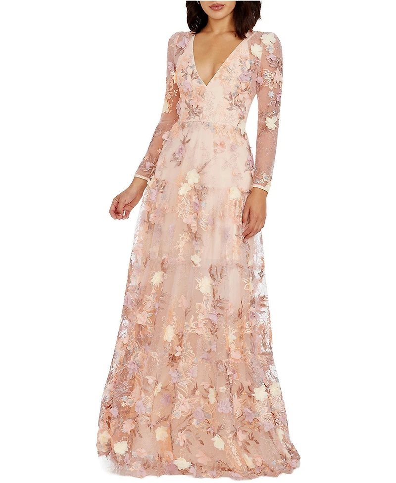 Dress The Population Women's Angelina Long Sleeve V-Neck Floral Fit and Flare Dress