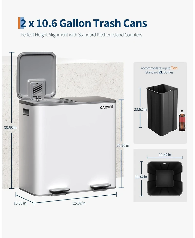 gaomon 2 x 10.6 Gal Stainless Steel Dual Compartment Step-On Kitchen Garbage and Recycling Bin