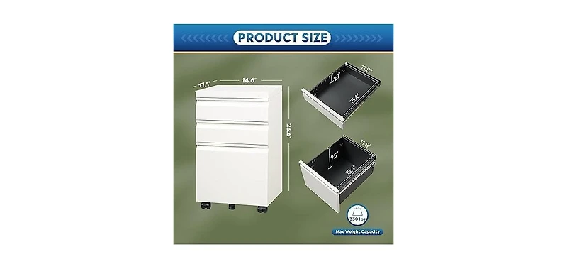 gaomon 3-Drawer Metal File Cabinet, Mobile Under Desk Filing Organizer with Lock for Office or Home