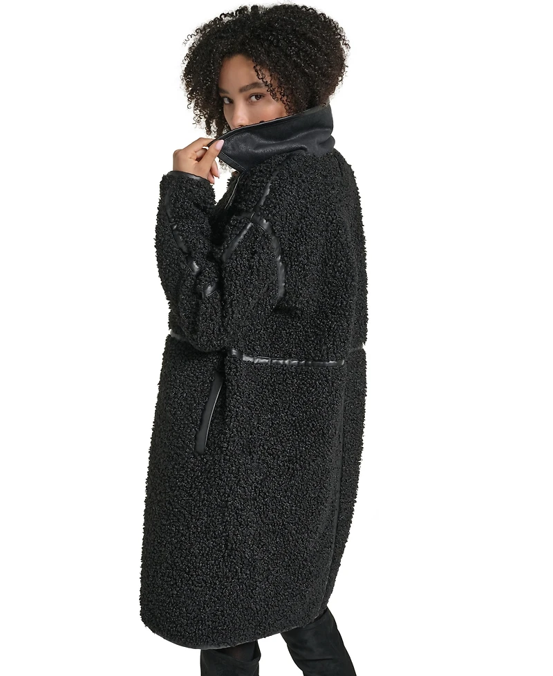 Karl Lagerfeld Paris Women's Faux-Leather-Trim Teddy Coat