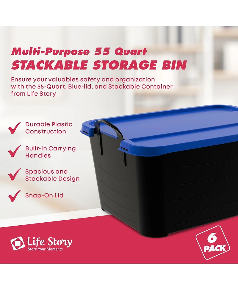 Life Story 55 Quart Stackable Storage Bin, Heavy Duty Lidded Container, 6 Pack