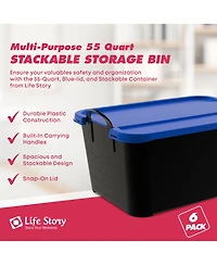 Life Story 55 Quart Stackable Storage Bin, Heavy Duty Lidded Container, 6 Pack