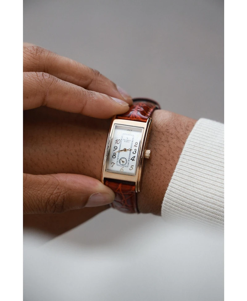 Peugeot Men's Gold Contour Case Remote Sweep Watch with Brown Leather Band