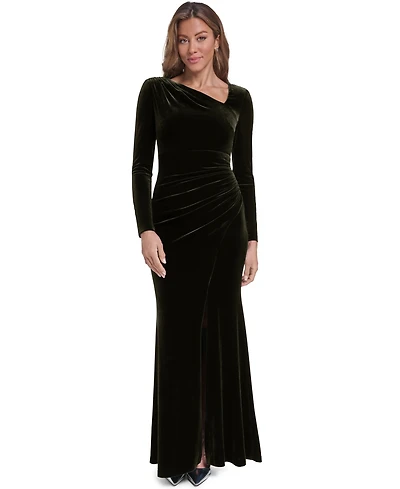 Eliza J Women's Long-Sleeve Asymmetrical Neckline Velvet Gown