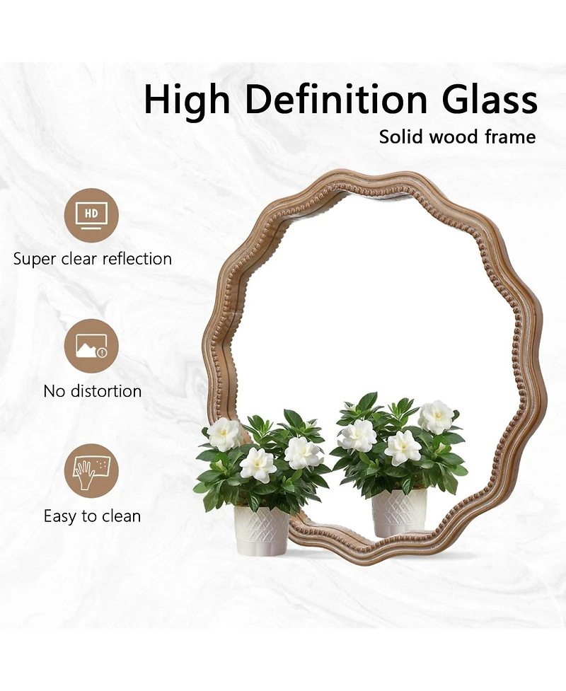Phying 23.62 Inch Wavy Scalloped Round Wall Mirror Large Decorative Solid Wood Framed Circle Mirror Modern Stylish Hanging Vanity Mirror