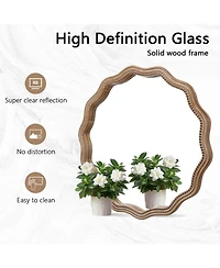 Phying 23.62 Inch Wavy Scalloped Round Wall Mirror Large Decorative Solid Wood Framed Circle Mirror Modern Stylish Hanging Vanity Mirror
