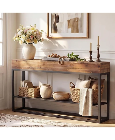 Tribesigns 63" Solid Wood Narrow Console Table, 3-Tier Storage Shelves