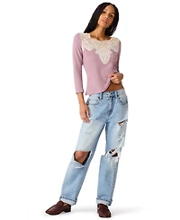 Steve Madden Women's Rib Knit Lace Trim 3/4 Sleeve Square Neck Top