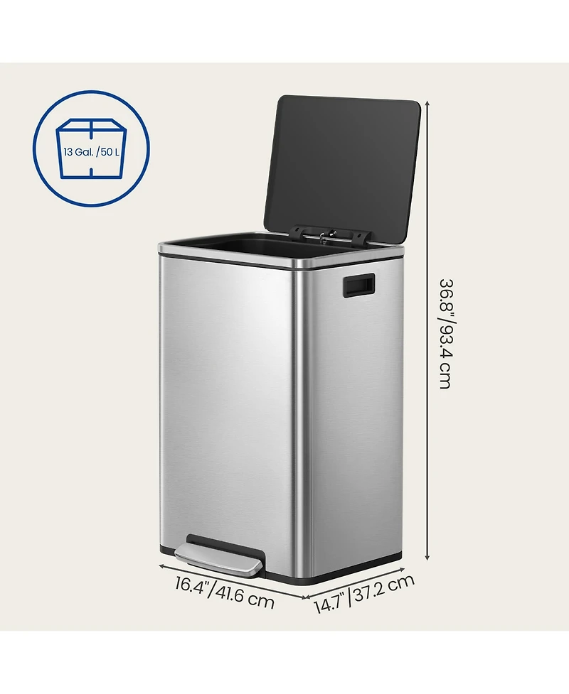 SongmicsHome 50L Rubbish Bin, Stainless Steel Pedal Bin with Removable Inner Bucket, Soft Close Lid, for Kitchen