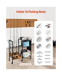 Sugift 12 Rod Mobile Fishing Rod Rack with Storage Shelves and 6 Locking Caster Wheels