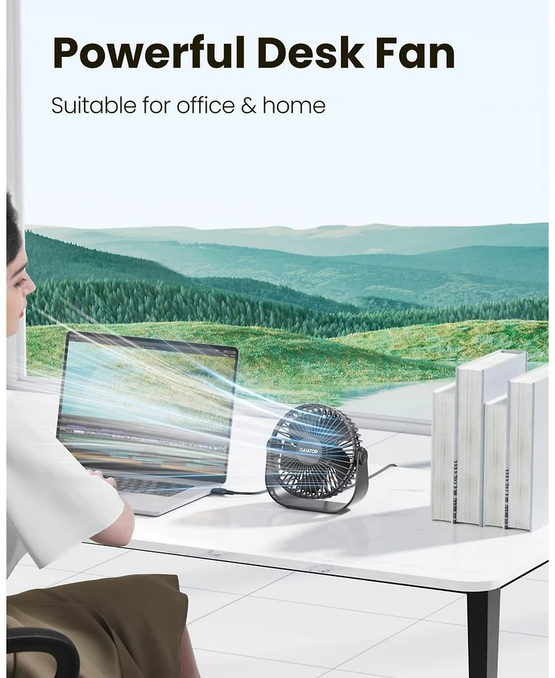 Gaiatop Usb Desk Fan, 3 Speeds Strong Airflow, 5.5 Inch Portable 90degree(s) Rotate Quiet Cooling, Small Personal Table Fans for Bedroom Home Office
